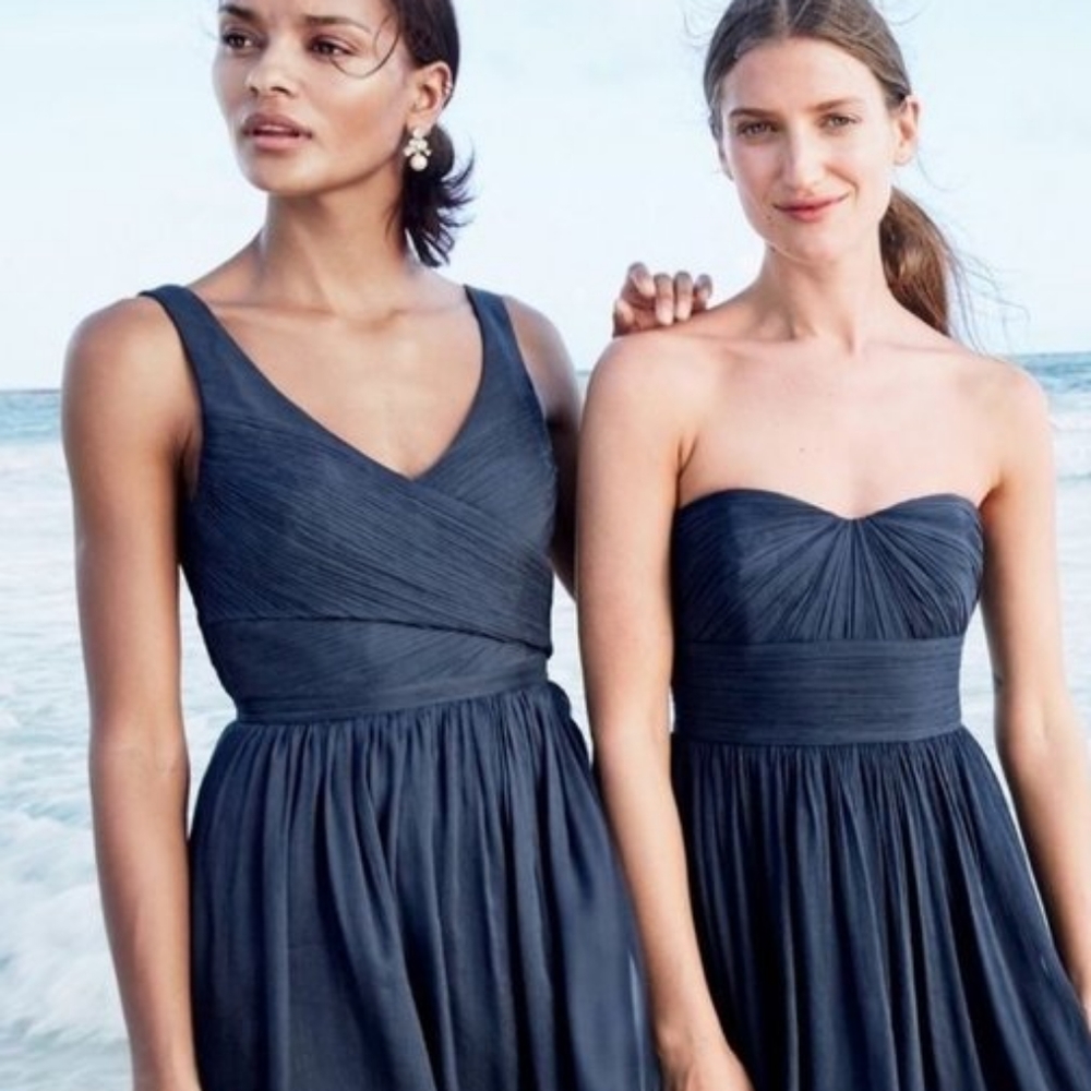 J Crew Heidi Navy blue V Neck Sweetheart Silk Midi dress zip up 4P- bridesmaid